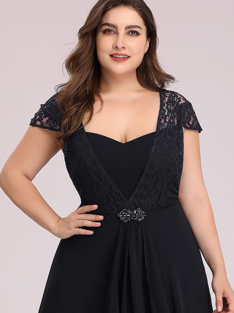 Women's Sweetheart Floral Lace Wedding Guest Dress with Cap Sleeve #color_Black