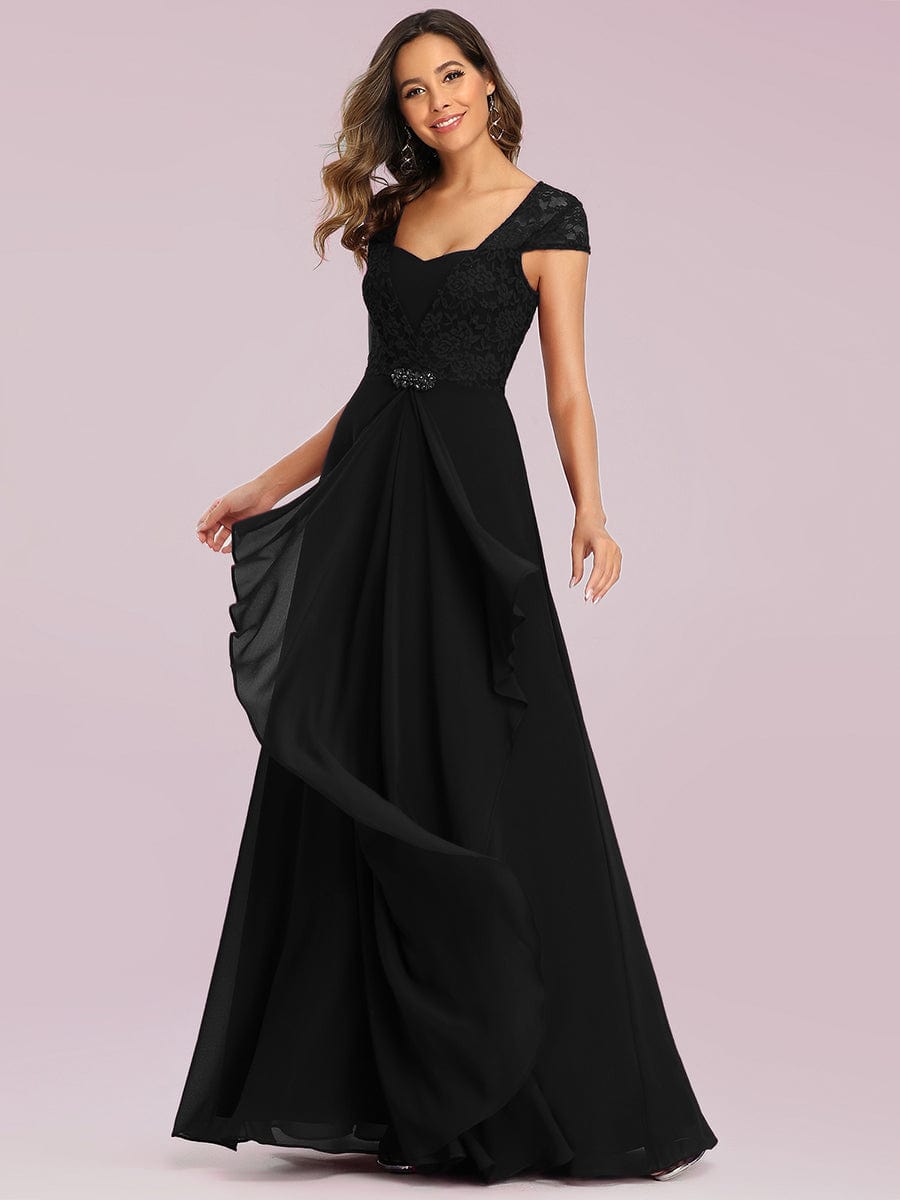 Women's Sweetheart Floral Lace Wedding Guest Dress with Cap Sleeve #color_Black