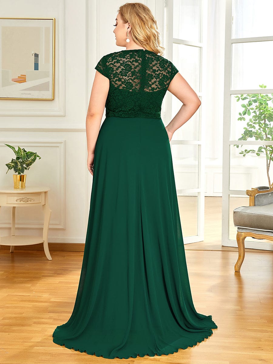 Women's Sweetheart Floral Lace Wedding Guest Dress with Cap Sleeve #color_Dark Green