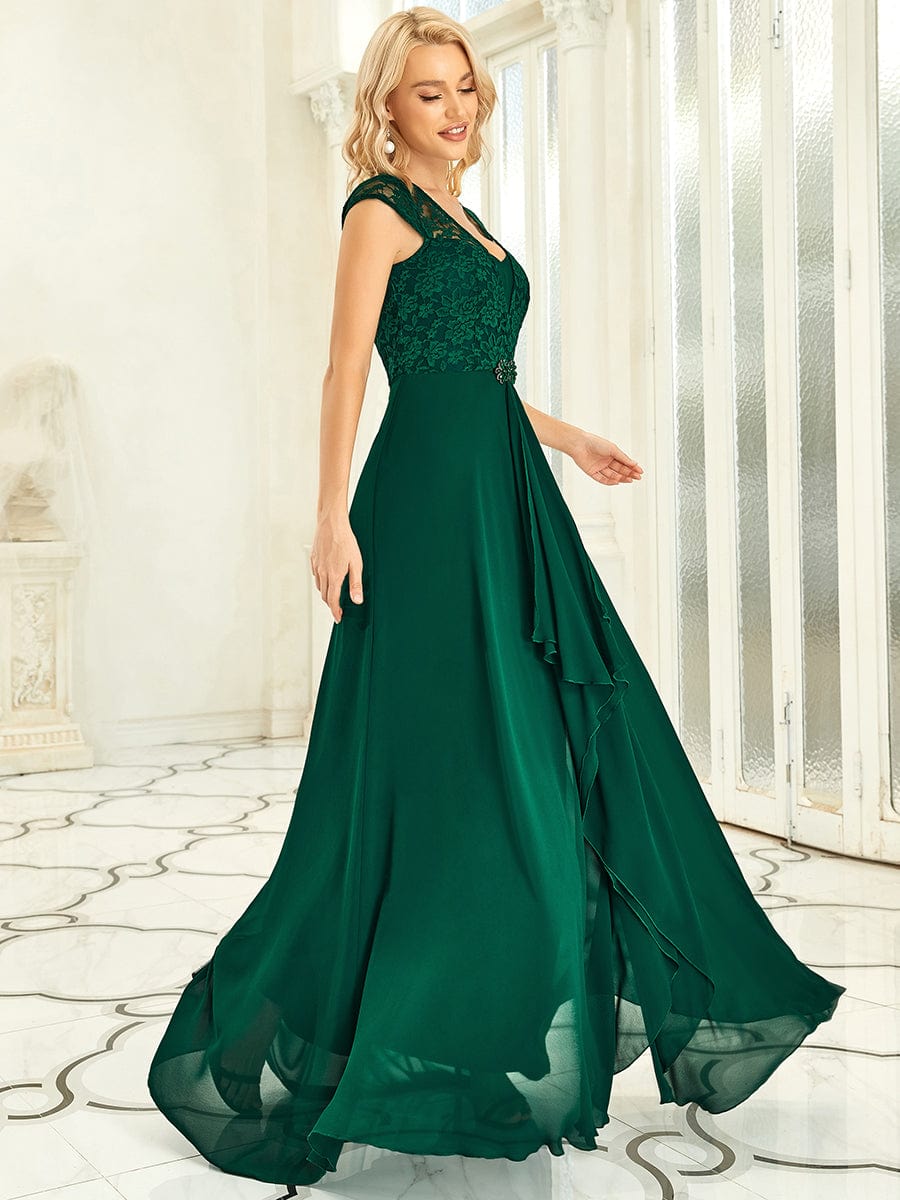 Women's Sweetheart Floral Lace Wedding Guest Dress with Cap Sleeve #color_Dark Green