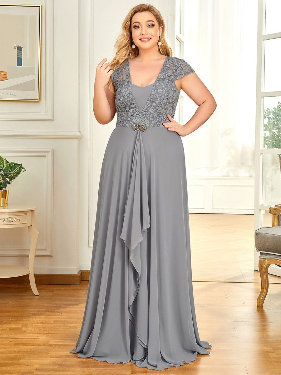 Women's Sweetheart Floral Lace Wedding Guest Dress with Cap Sleeve #color_Grey