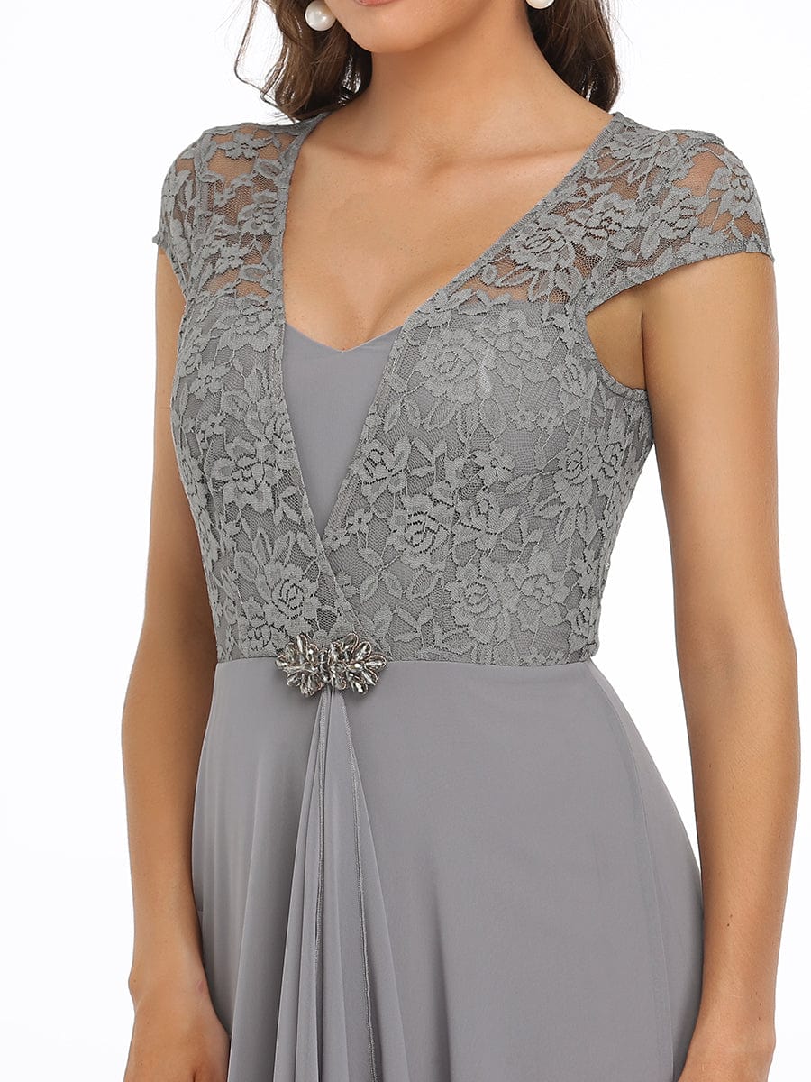 Women's Sweetheart Floral Lace Wedding Guest Dress with Cap Sleeve #color_Grey