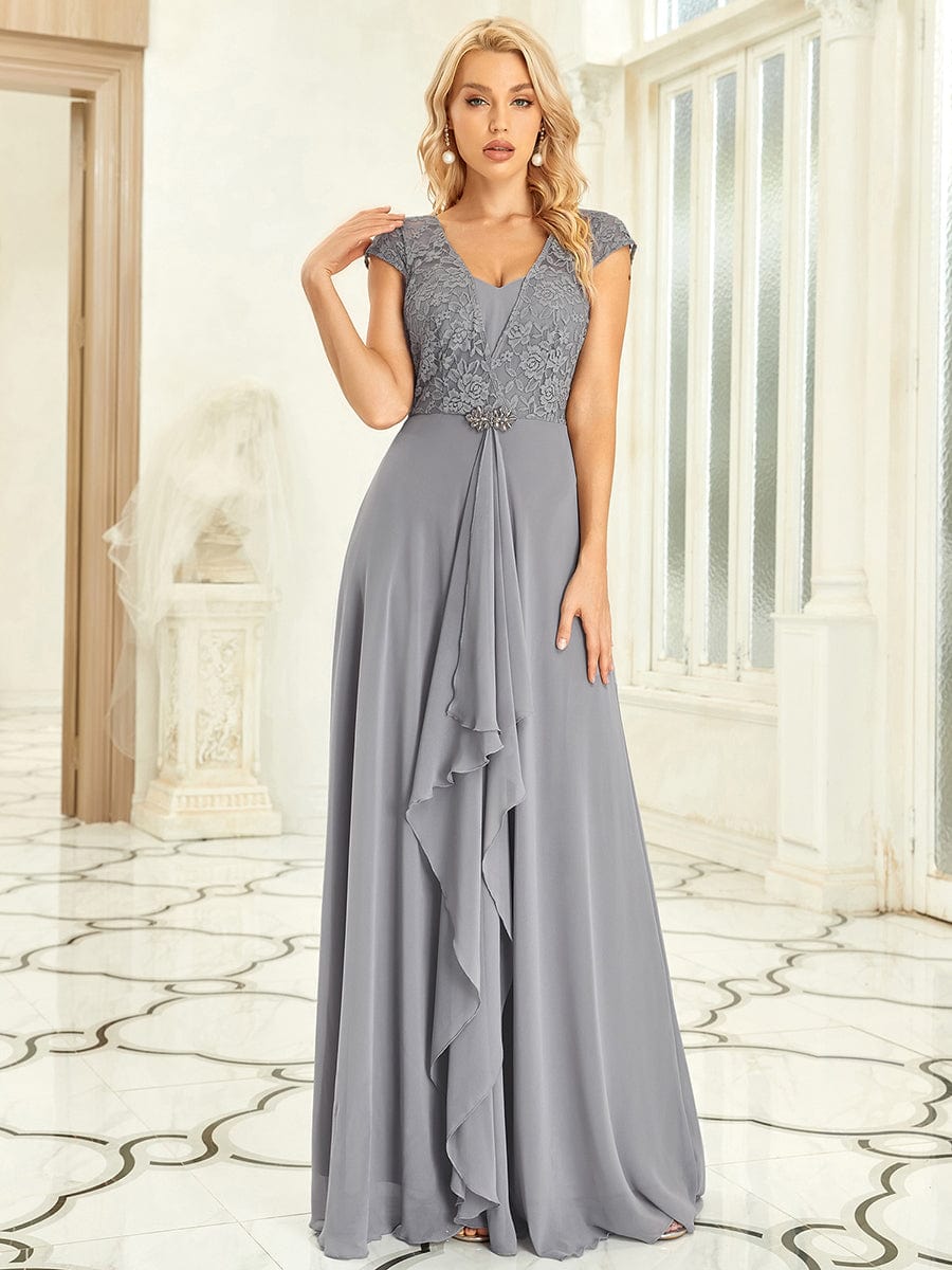 Women's Sweetheart Floral Lace Wedding Guest Dress with Cap Sleeve #color_Grey