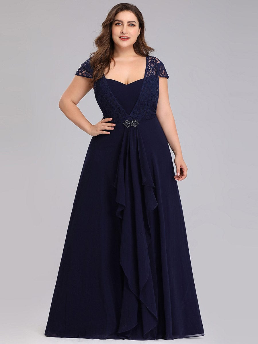 Women's Sweetheart Floral Lace Wedding Guest Dress with Cap Sleeve #color_Navy Blue