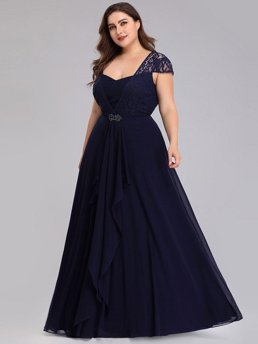 Women's Sweetheart Floral Lace Wedding Guest Dress with Cap Sleeve #color_Navy Blue