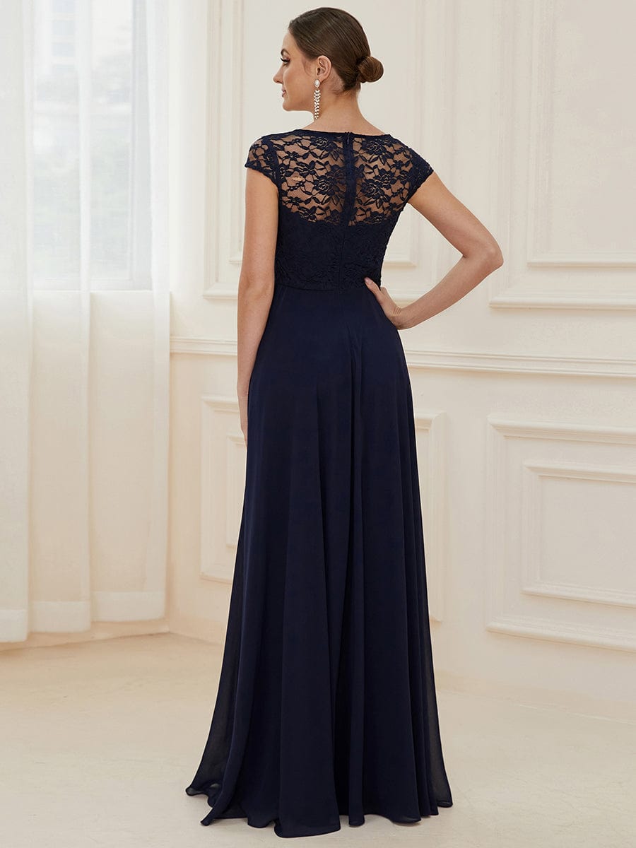 Women's Sweetheart Floral Lace Wedding Guest Dress with Cap Sleeve #color_Navy Blue