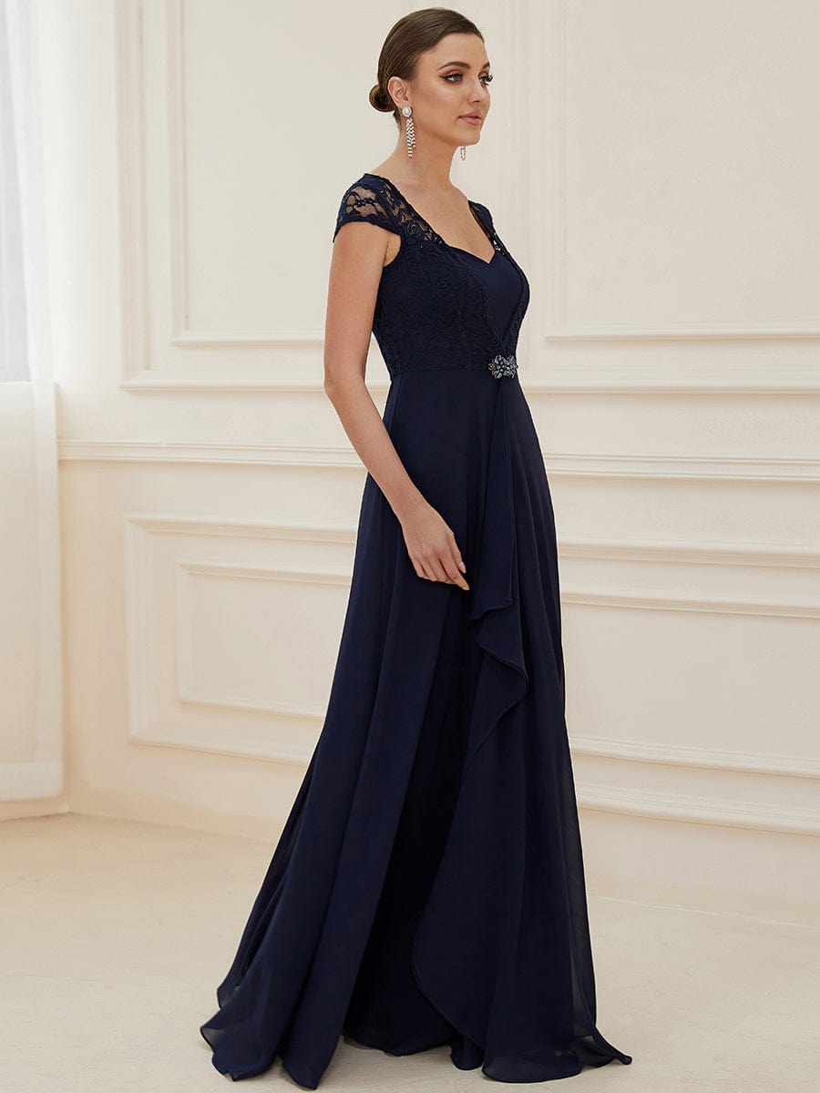 Women's Sweetheart Floral Lace Wedding Guest Dress with Cap Sleeve #color_Navy Blue