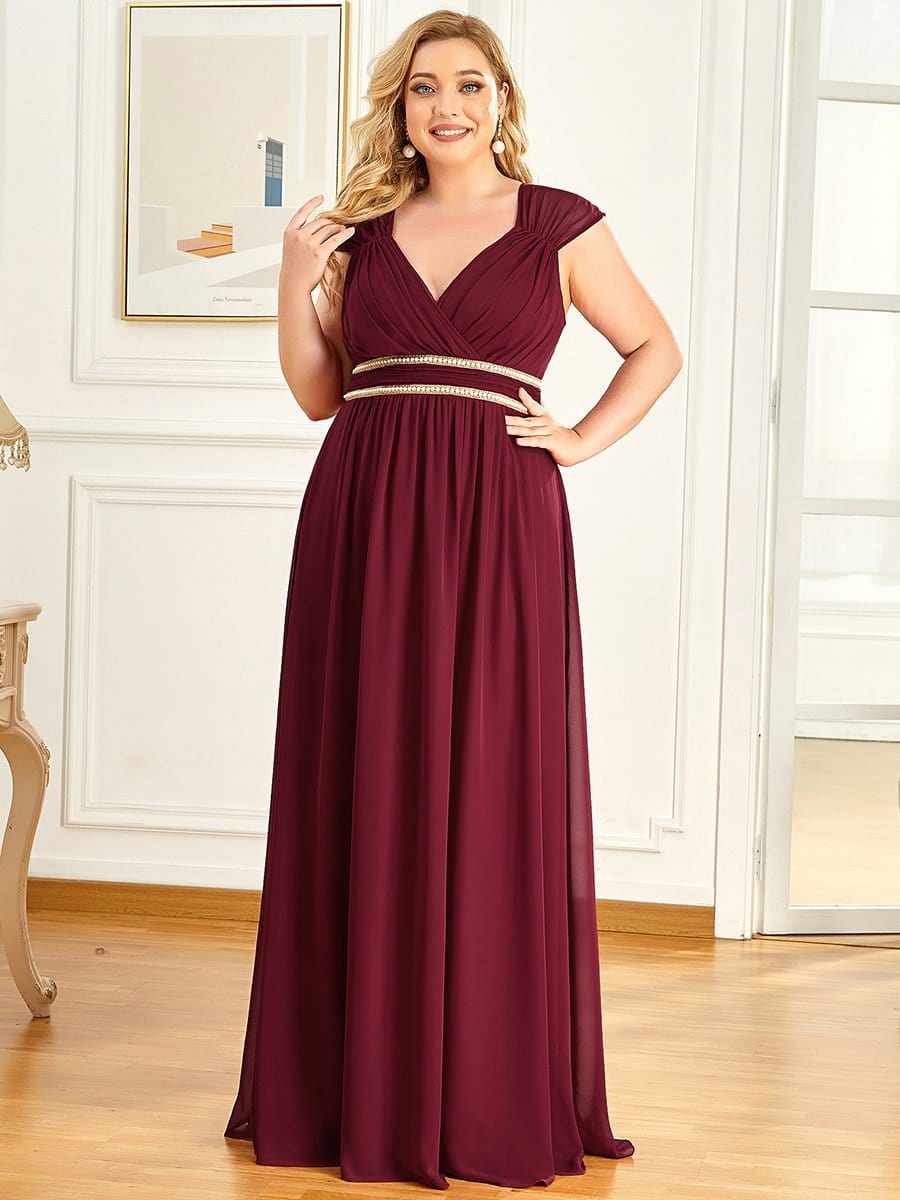 Ruched V-neck Floor Length Elegant Bridesmaid Dress #color_Burgundy