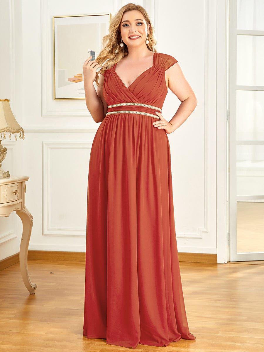 Ruched V-neck Floor Length Elegant Bridesmaid Dress #color_Burnt Orange