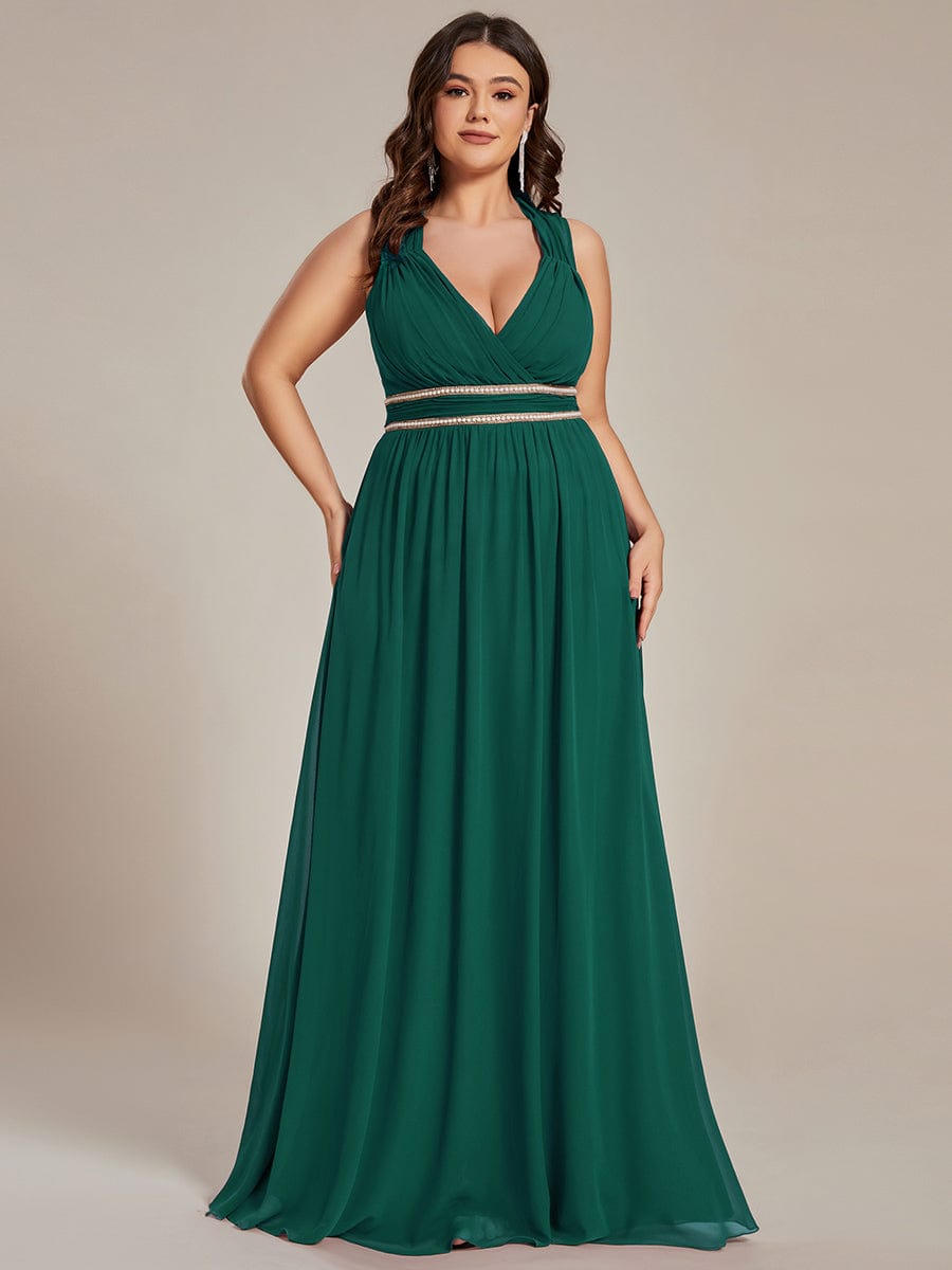 V-Neck Sleeveless Grecian Style Plus Size Evening Dresses #color_Dark Green