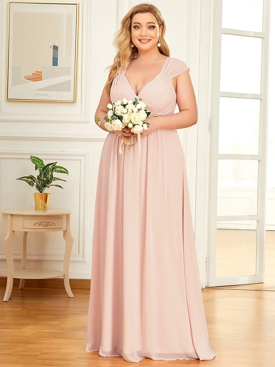 Ruched V-neck Floor Length Elegant Bridesmaid Dress #color_Pink