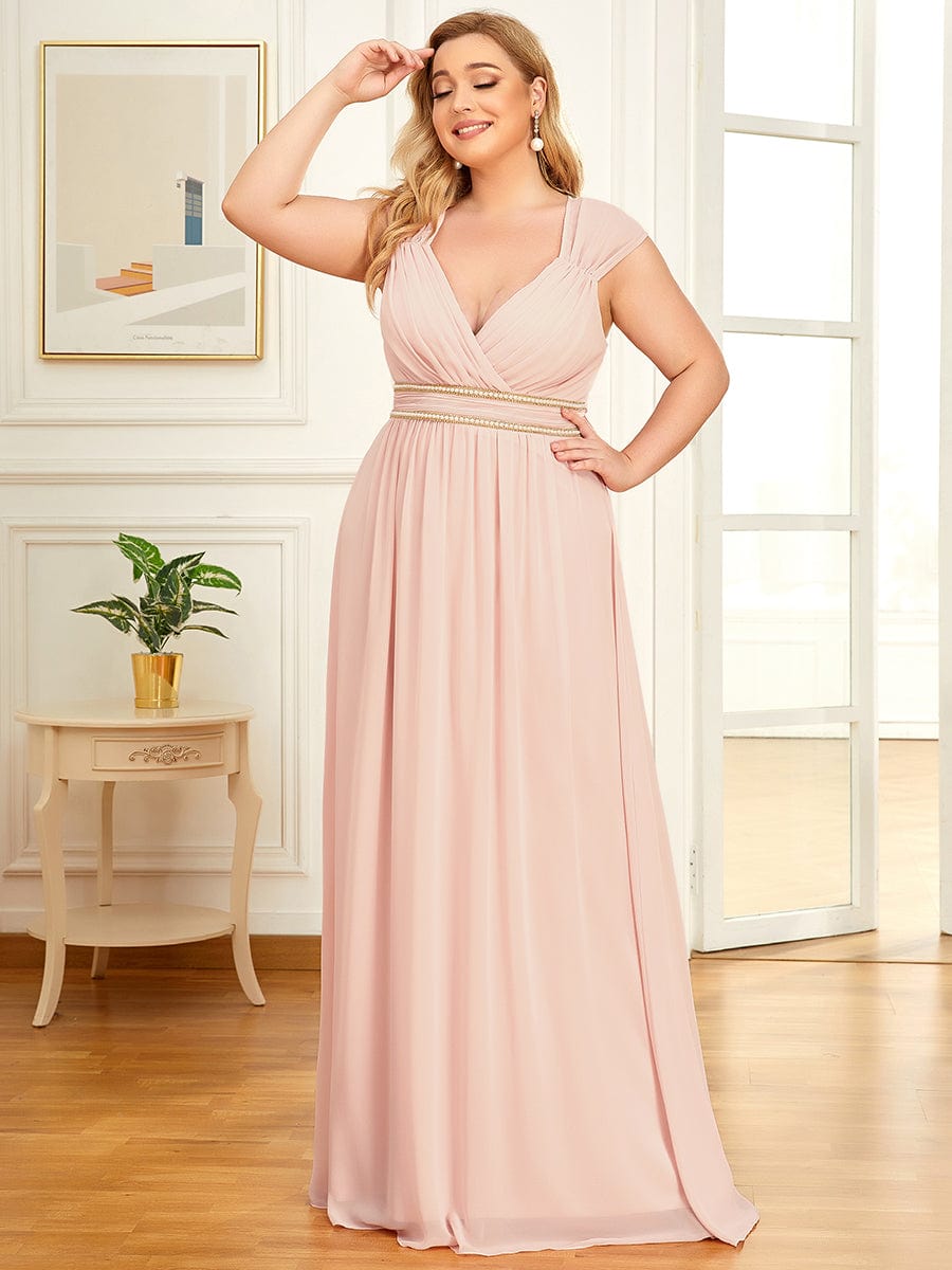 V-Neck Sleeveless Grecian Style Plus Size Evening Dresses #color_Pink