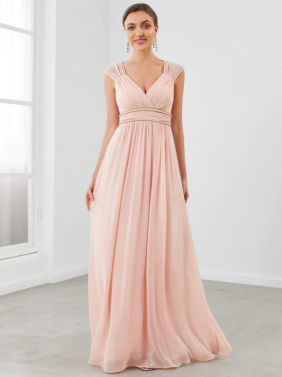 Ruched V-neck Floor Length Elegant Bridesmaid Dress #color_Pink