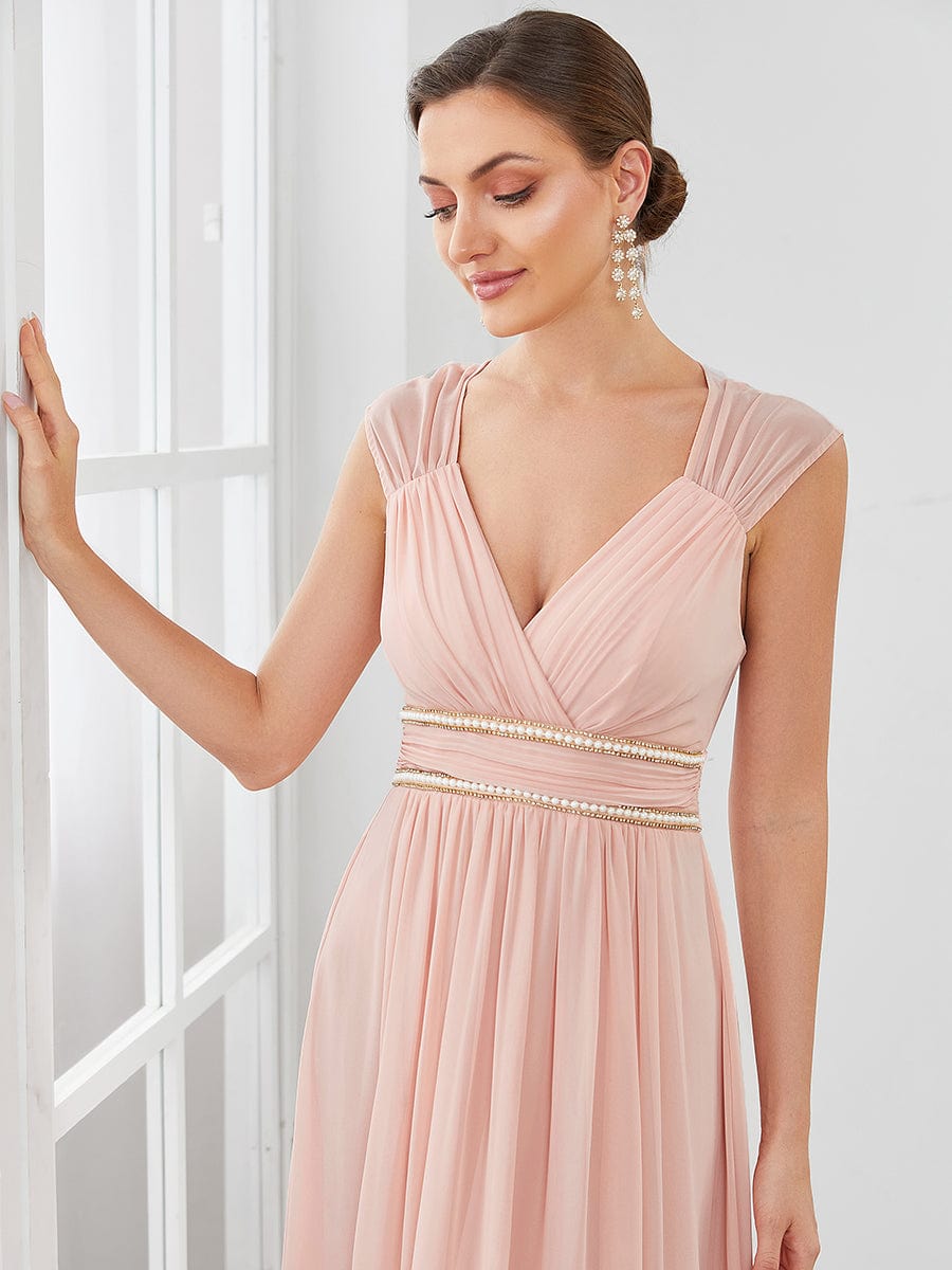 Ruched V-neck Floor Length Elegant Bridesmaid Dress #color_Pink