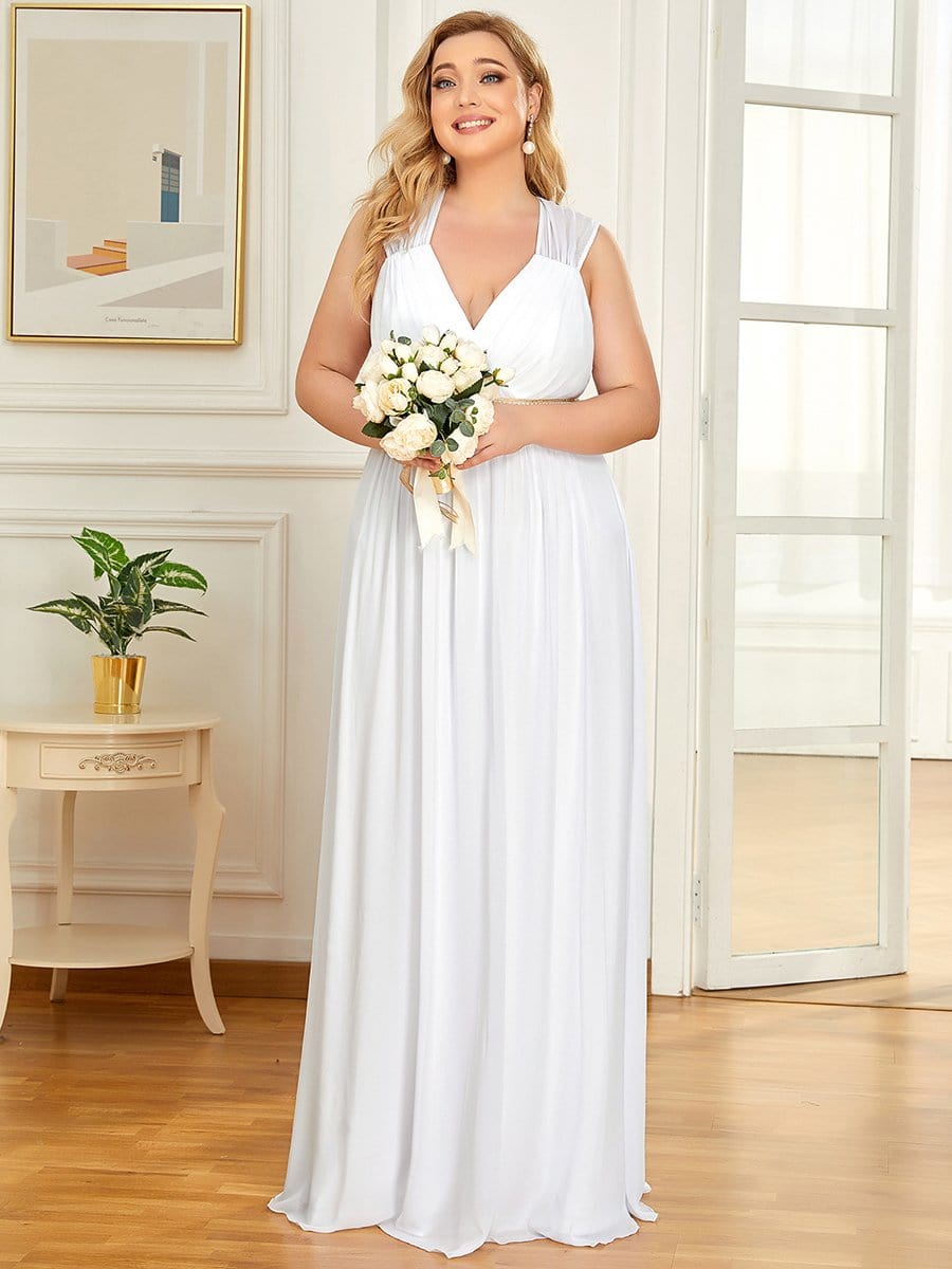 Ruched V-neck Floor Length Elegant Bridesmaid Dress #color_White