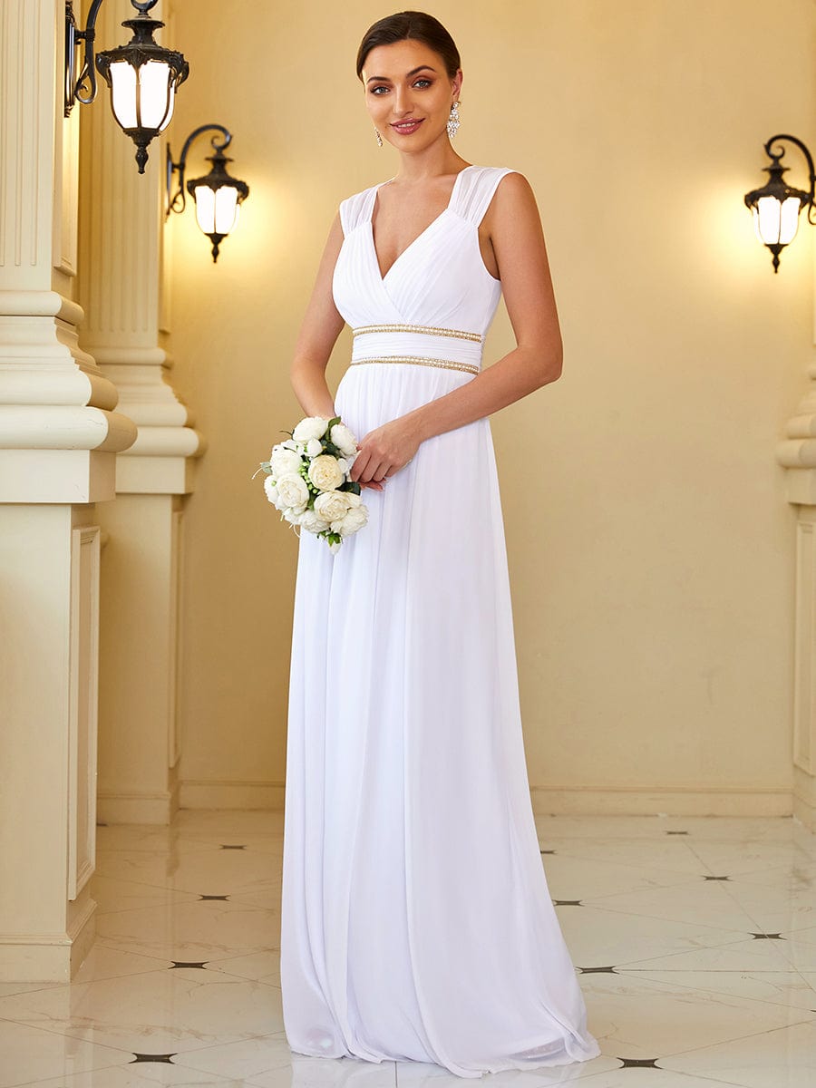 Ruched V-neck Floor Length Elegant Bridesmaid Dress #color_White