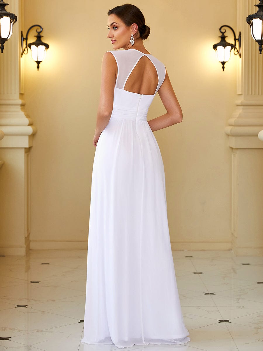Ruched V-neck Floor Length Elegant Bridesmaid Dress #color_White