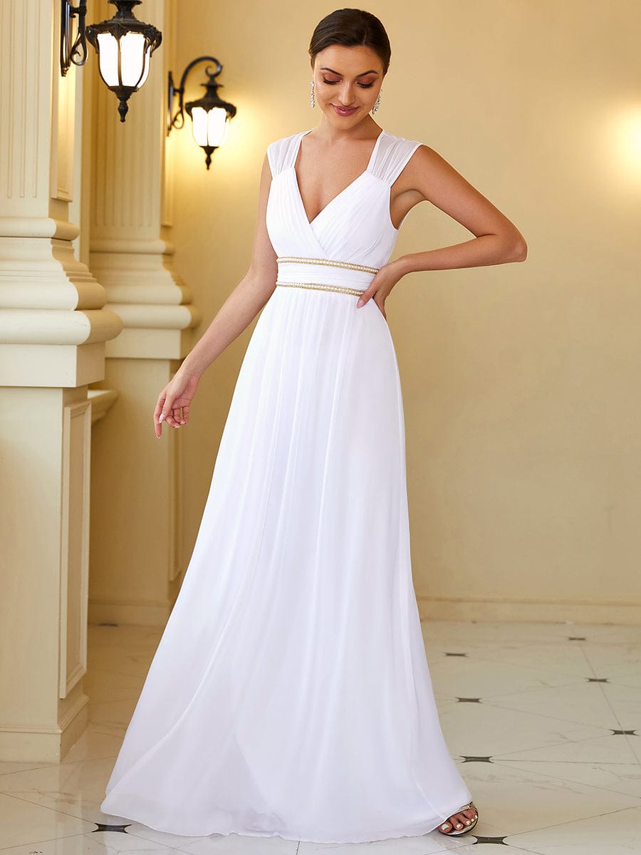 Ruched V-neck Floor Length Elegant Bridesmaid Dress #color_White