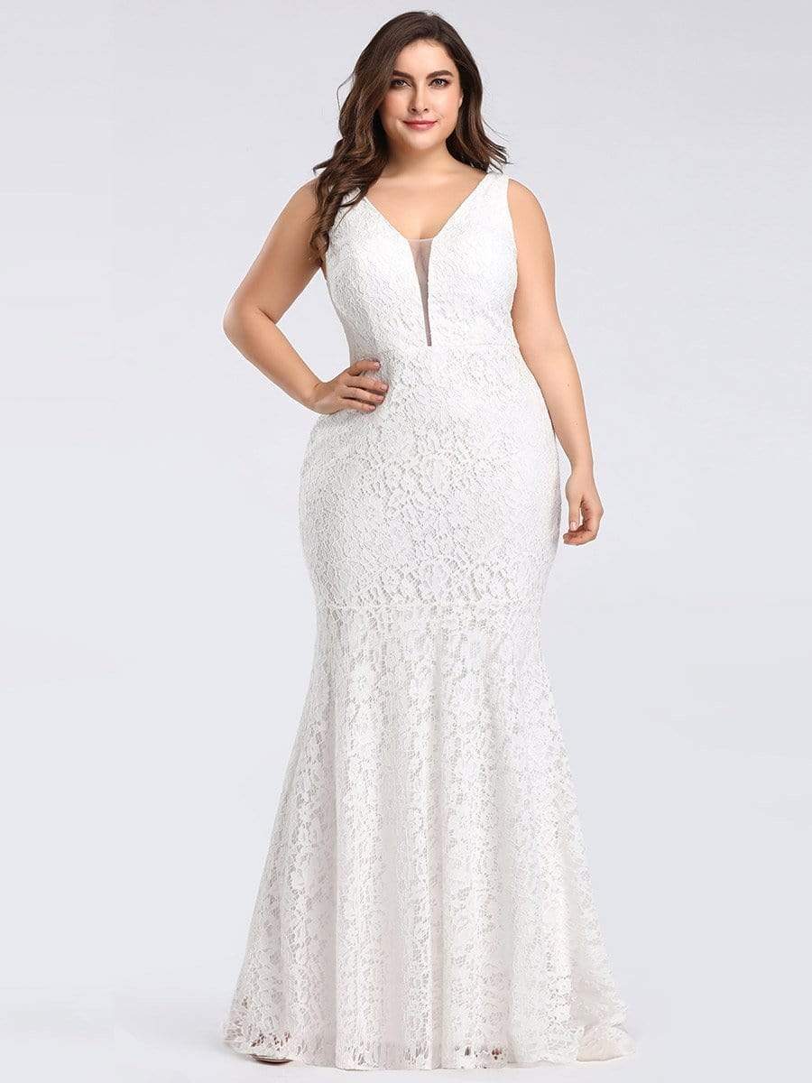 Plus Size V Back Lace Mermaid Evening Dress #color_White