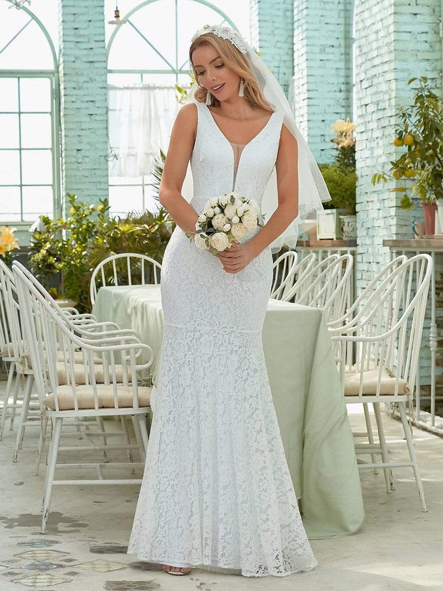 Dainty Deep V Neck Sleeveless Fishtail Lace Wedding Dress #color_White