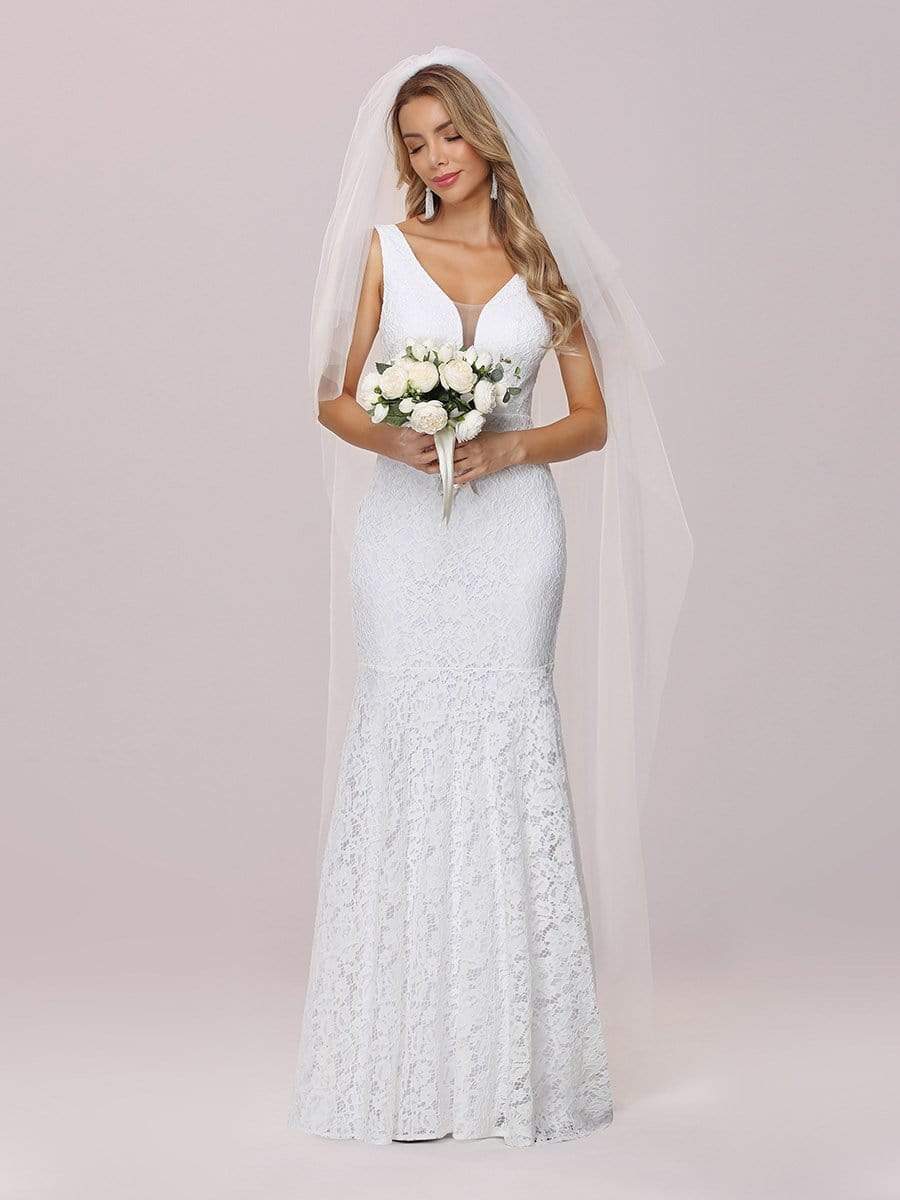 Dainty Deep V Neck Sleeveless Fishtail Lace Wedding Dress #color_White