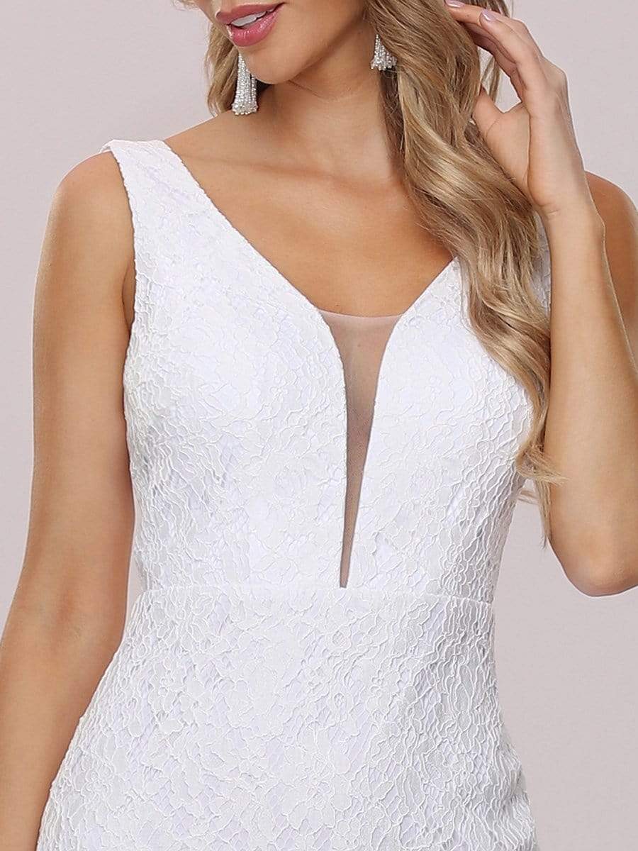 Dainty Deep V Neck Sleeveless Fishtail Lace Wedding Dress #color_White