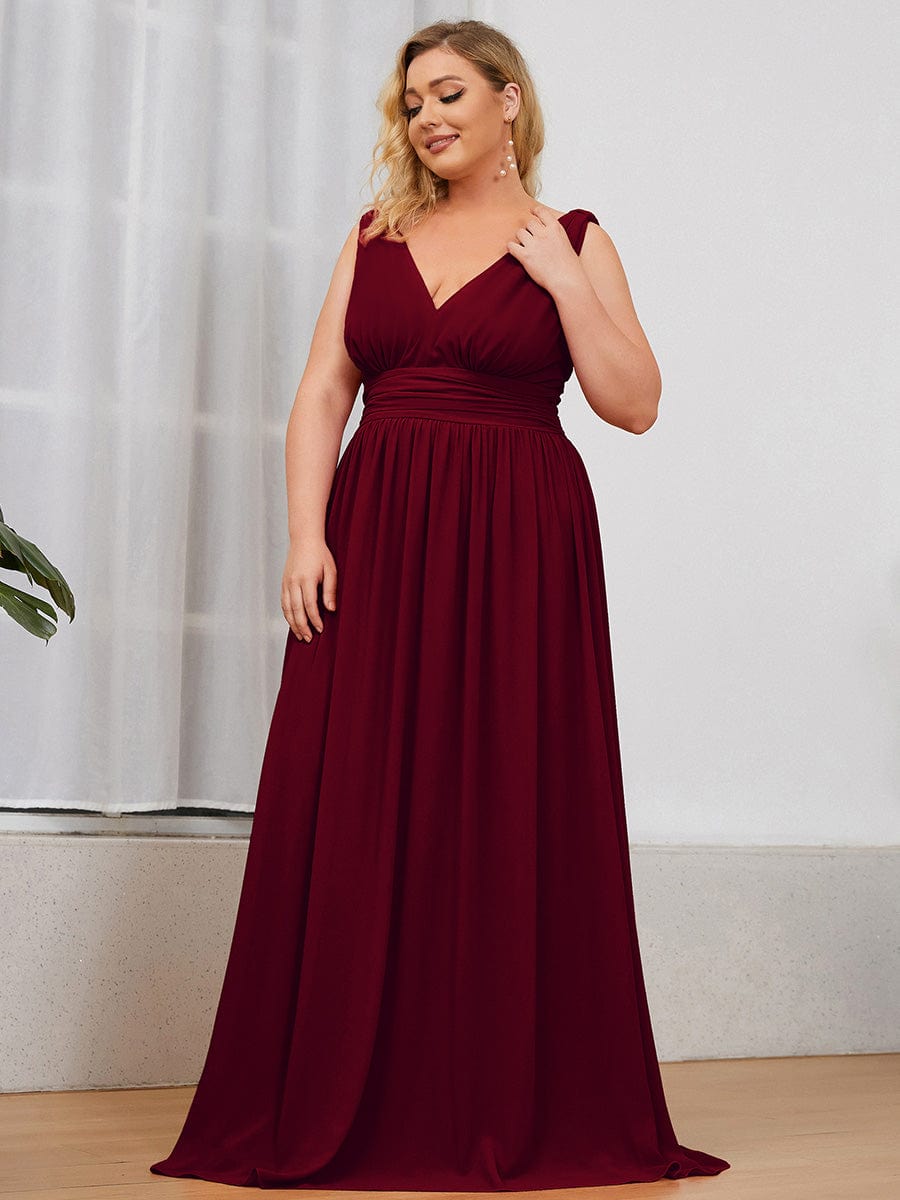 Plus Size Sleeveless V-Neck Chiffon Maxi Bridesmaid Dress #color_Burgundy