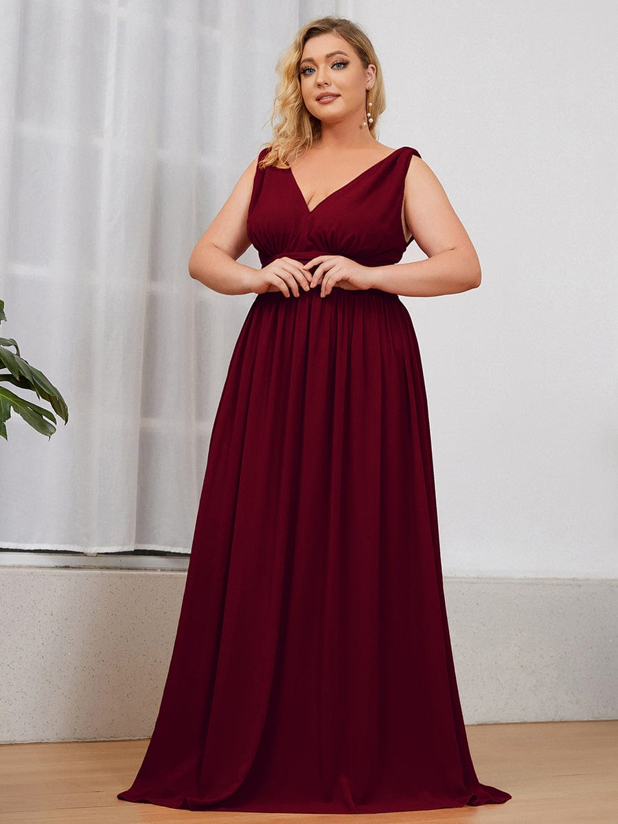 Plus Size Sleeveless V-Neck Chiffon Maxi Bridesmaid Dress #color_Burgundy