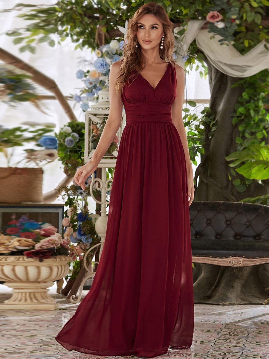 Custom Size V Neck Sleeveless Pleated Chiffon Evening Dress #color_Burgundy