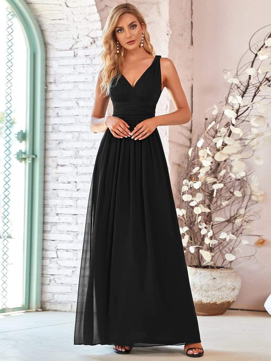 Elegant Sleeveless V-Neck Maxi Chiffon Bridesmaid Dress #color_Black