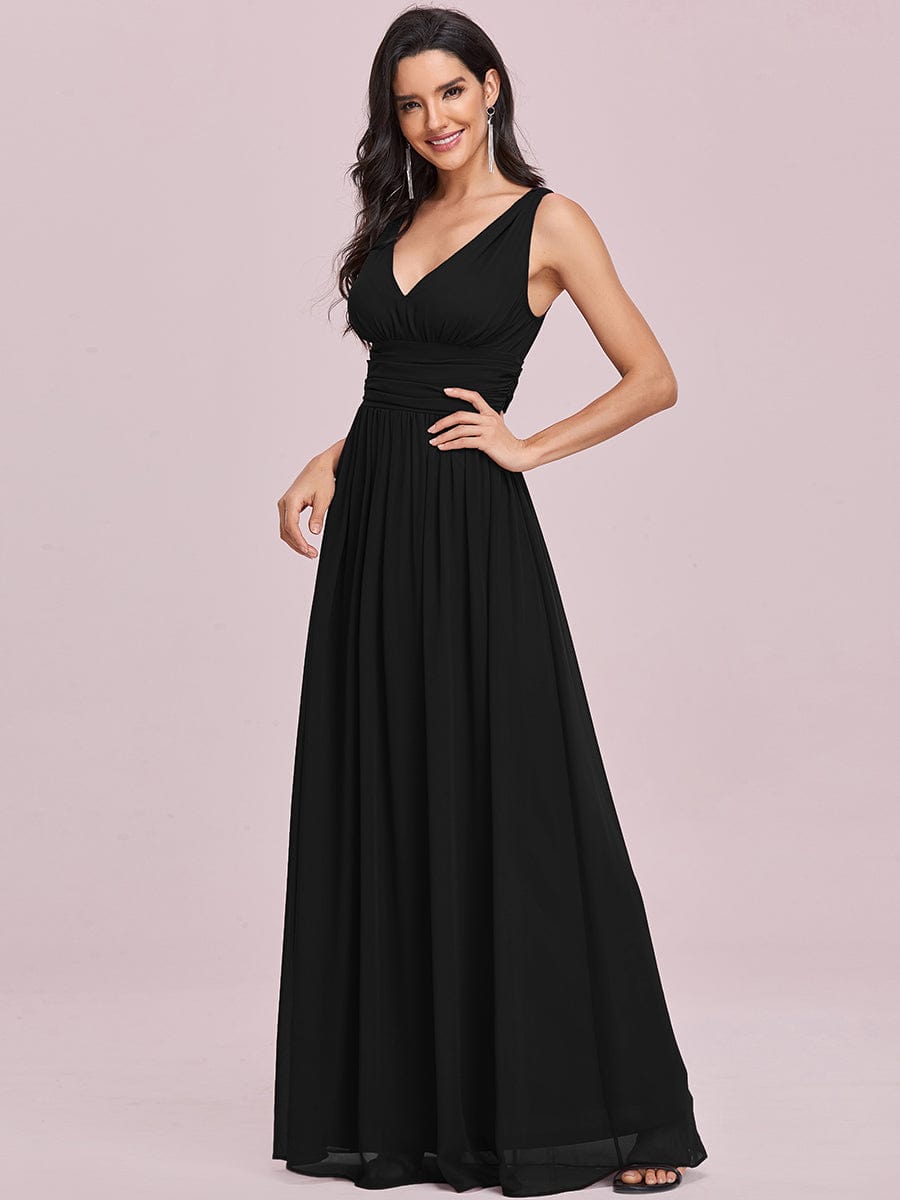 V Neck Sleeveless Pleated Chiffon Evening Dress #color_Black