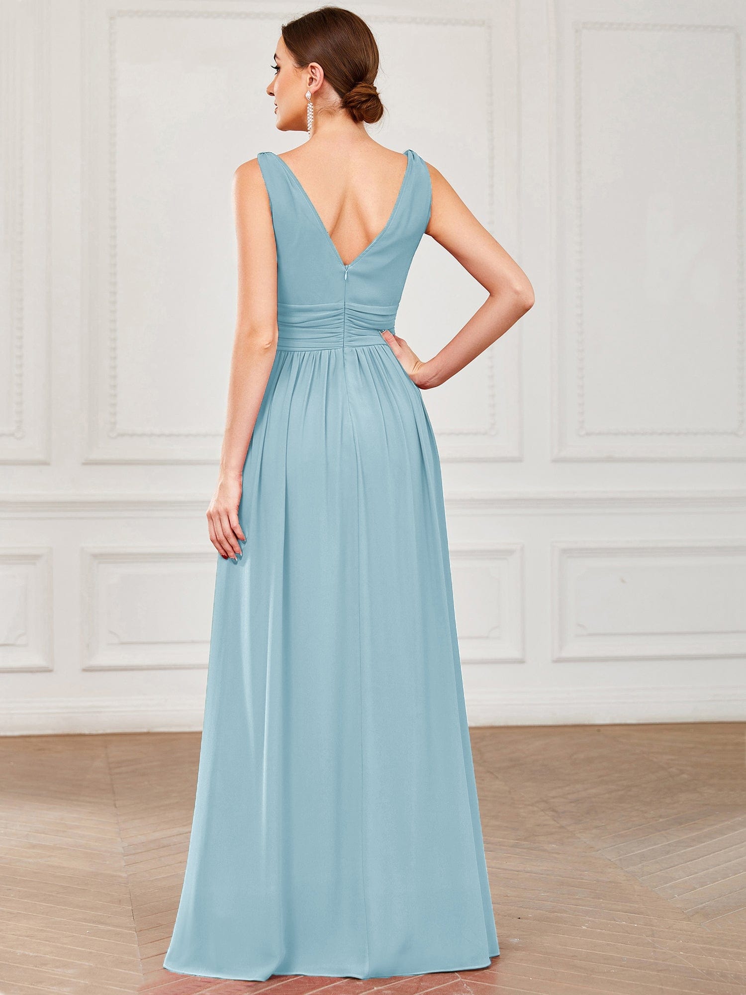 Custom Size V Neck Sleeveless Pleated Chiffon Evening Dress #color_Sky Blue