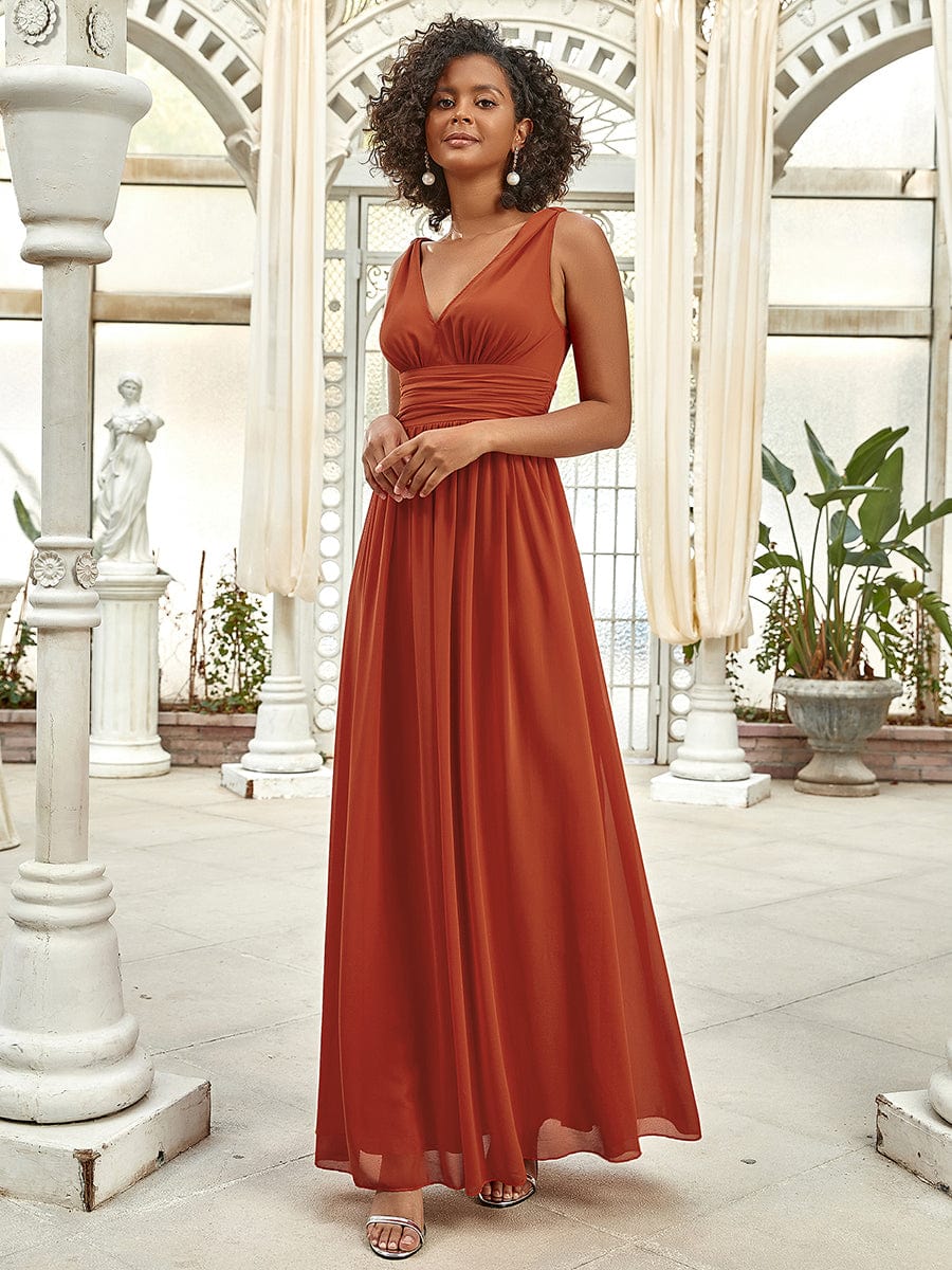 Custom Size V Neck Sleeveless Pleated Chiffon Evening Dress #color_Burnt Orange