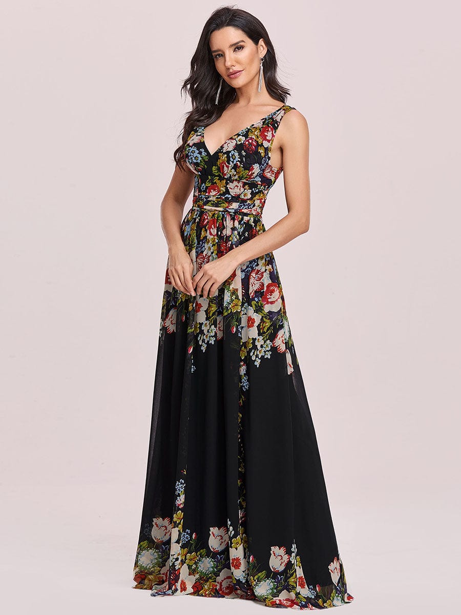 Custom Size V Neck Sleeveless Pleated Chiffon Evening Dress #color_Black and Printed