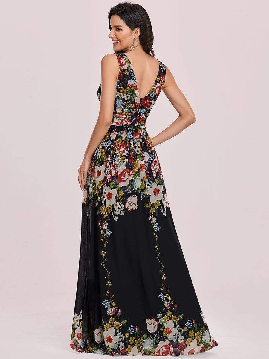 Elegant V Neck A Line Chiffon Maxi Bridesamid Dresses #color_Black and Printed