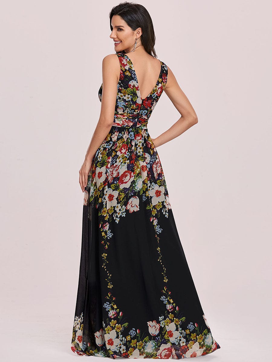 Custom Size V Neck Sleeveless Pleated Chiffon Evening Dress #color_Black and Printed
