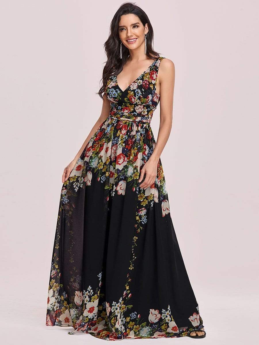 Elegant V Neck A Line Chiffon Maxi Bridesamid Dresses #color_Black and Printed