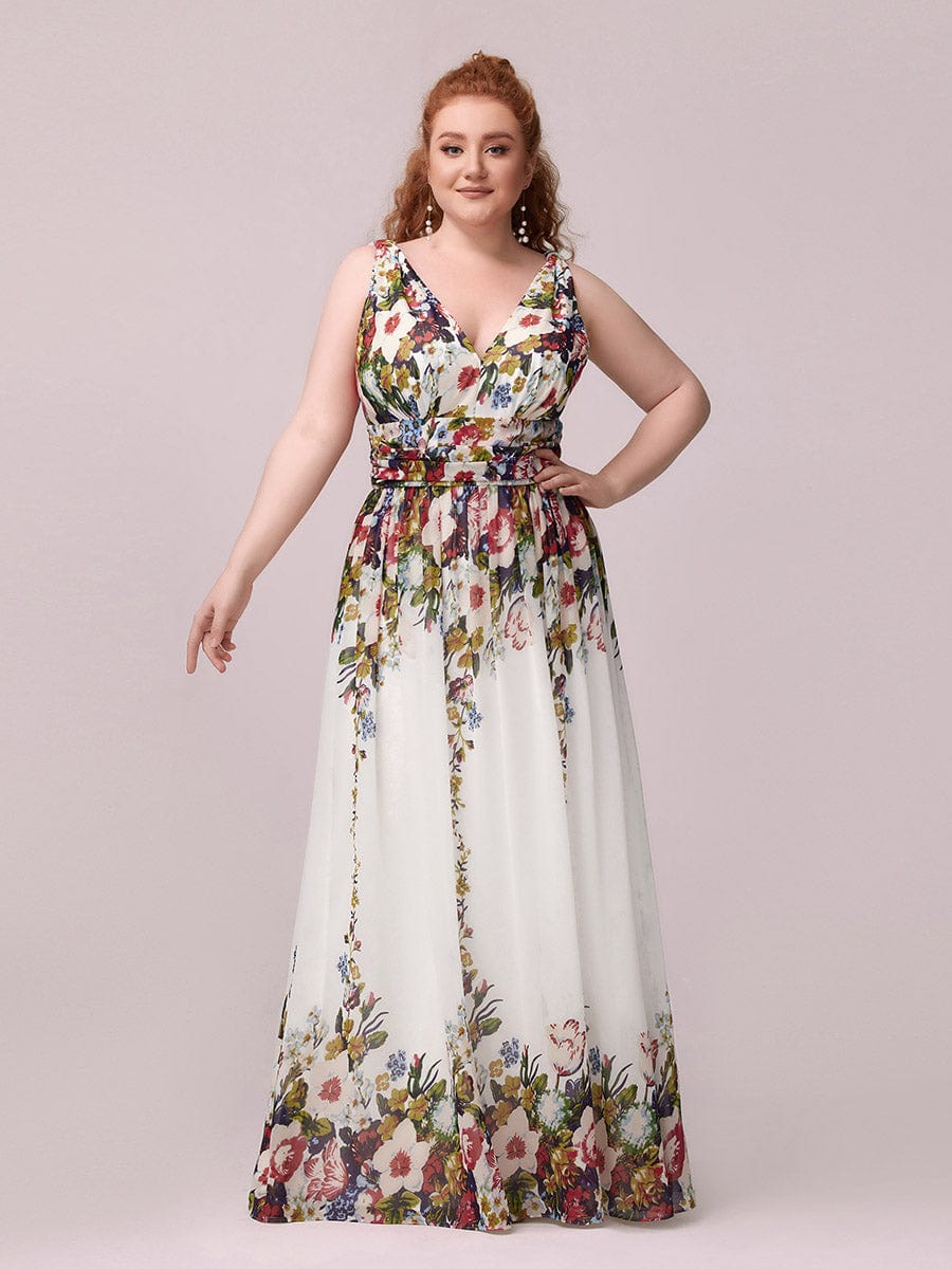 Elegant V Neck A Line Chiffon Maxi Bridesamid Dresses #color_Printed Cream