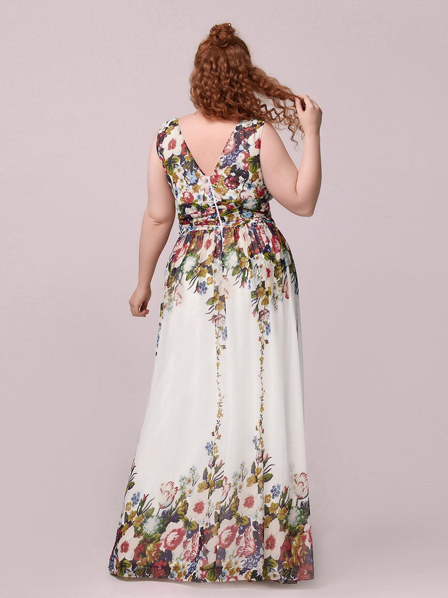 Elegant V Neck A Line Chiffon Maxi Bridesamid Dresses #color_Printed Cream