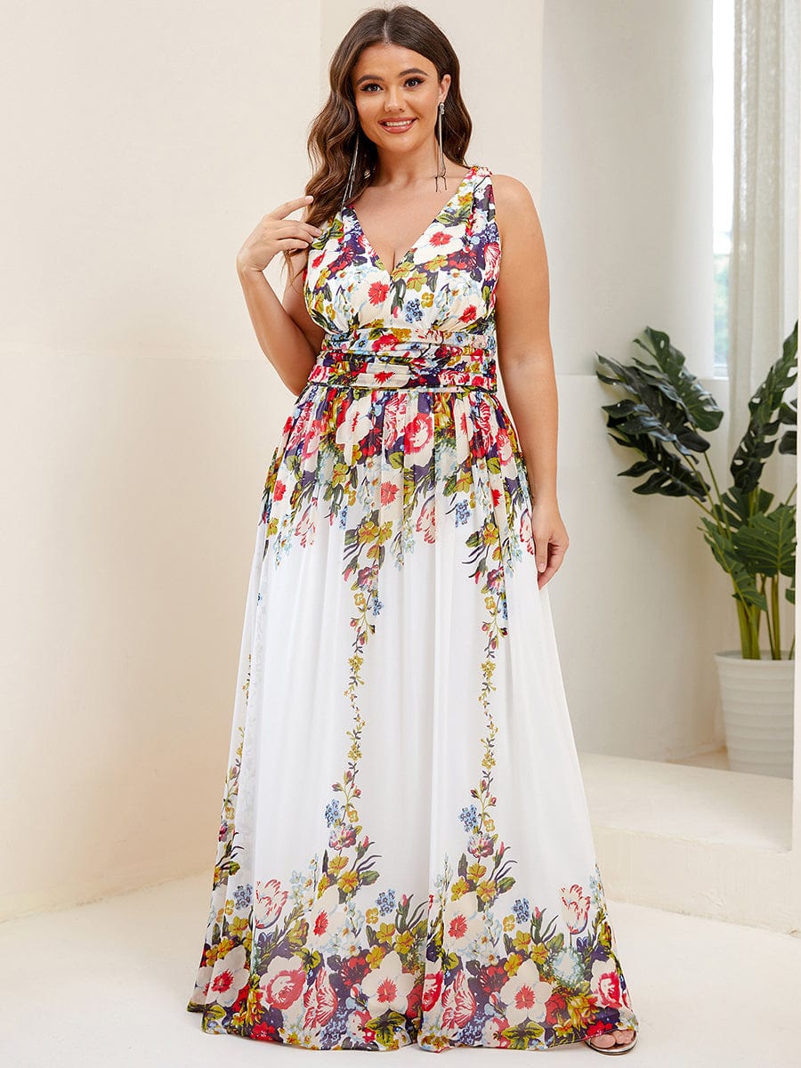 Plus Size Sleeveless V-Neck Chiffon Maxi Bridesmaid Dress #color_Printed Cream