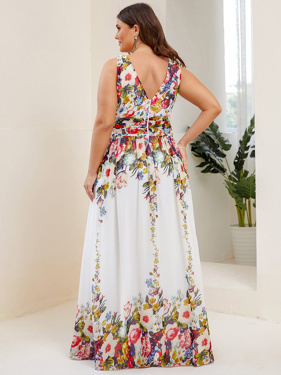 Plus Size Sleeveless V-Neck Chiffon Maxi Bridesmaid Dress #color_Printed Cream