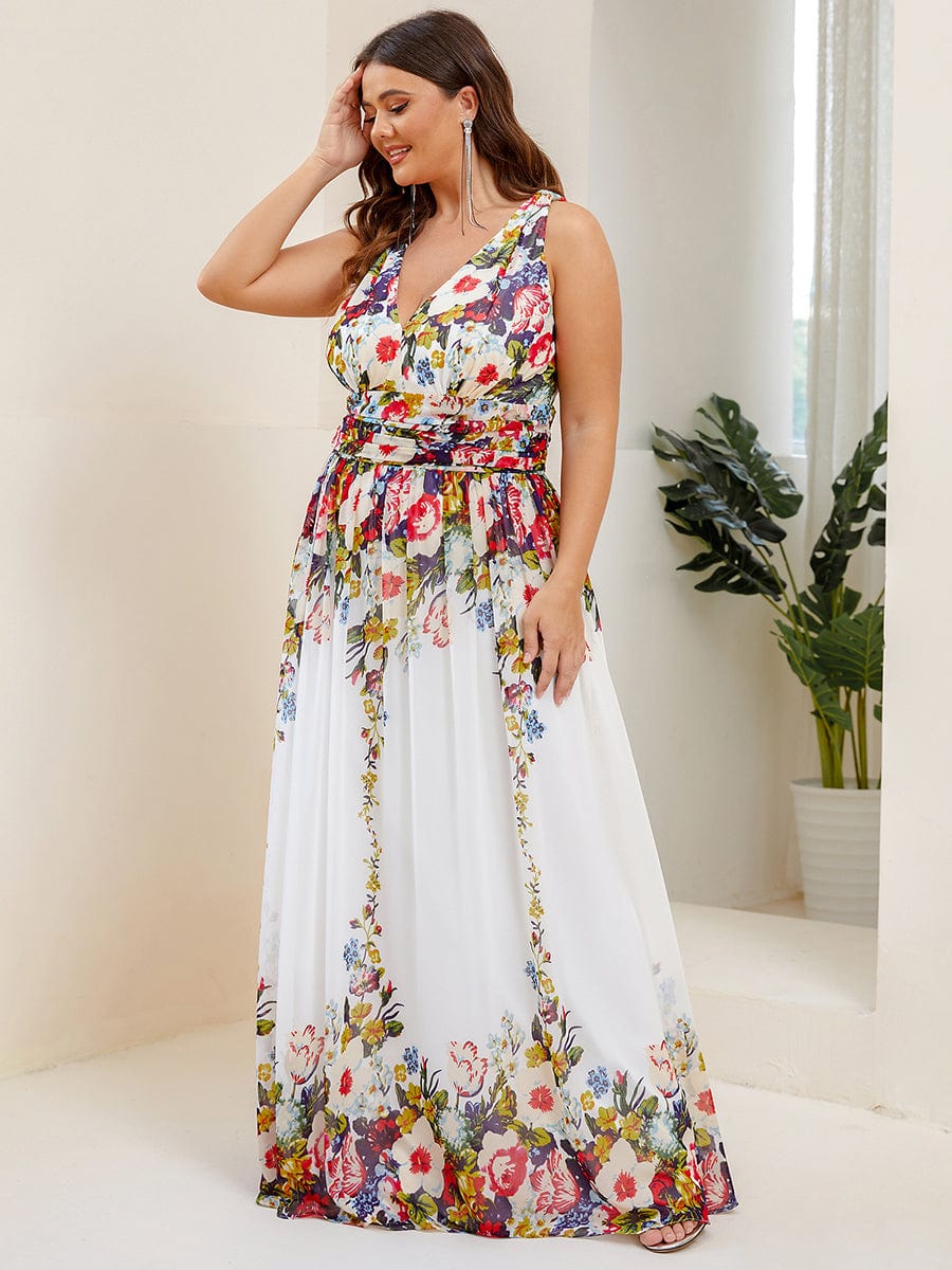 Plus Size Sleeveless V-Neck Chiffon Maxi Bridesmaid Dress #color_Printed Cream