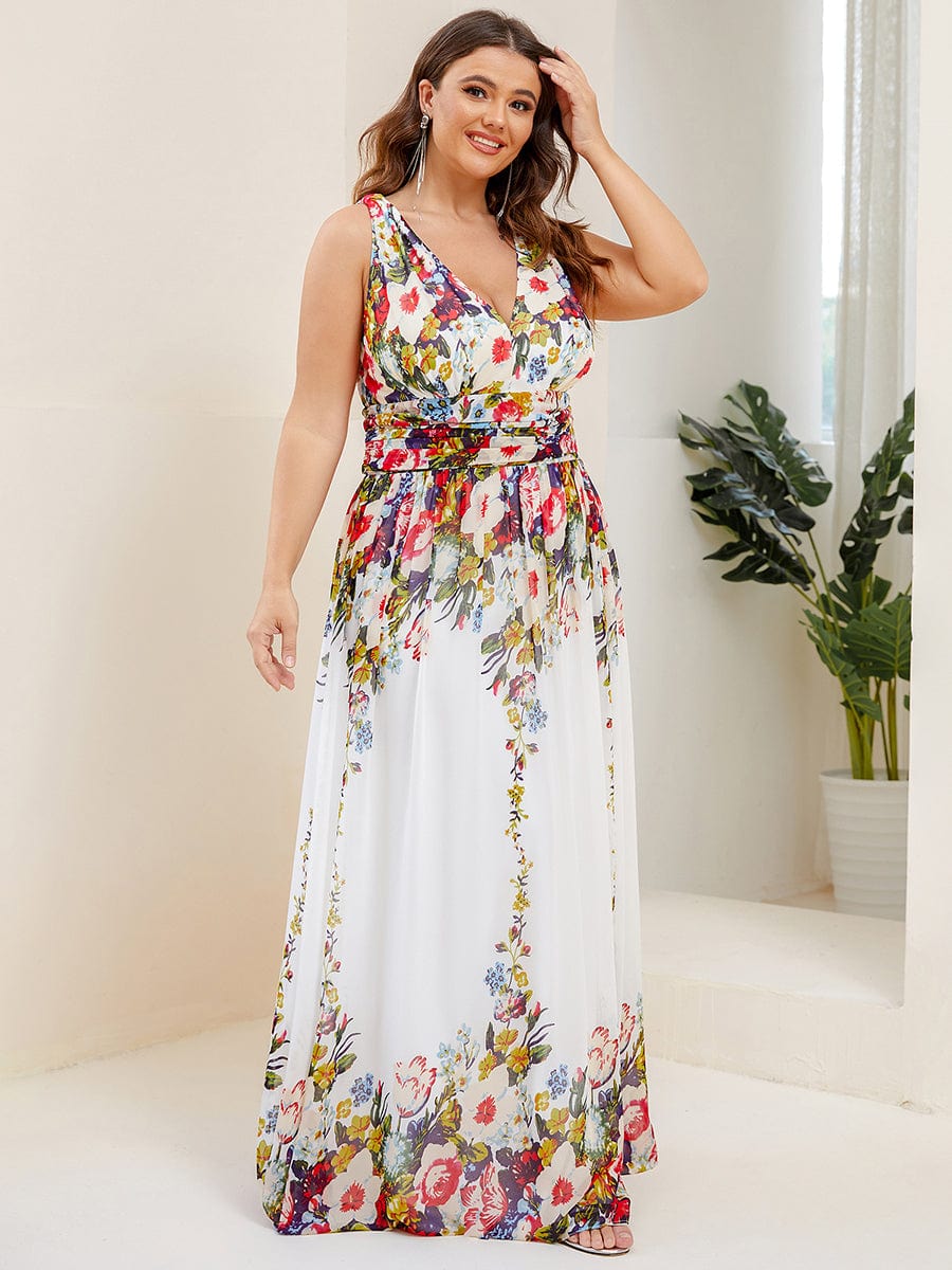 Plus Size Sleeveless V-Neck Chiffon Maxi Bridesmaid Dress #color_Printed Cream