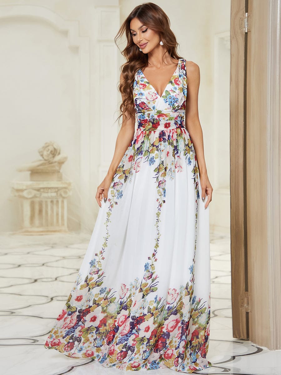 Custom Size V Neck Sleeveless Pleated Chiffon Evening Dress #color_Printed Cream