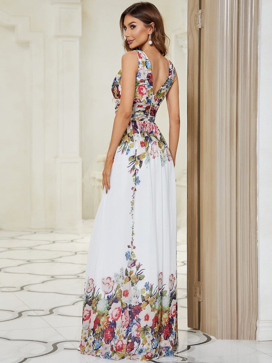 Elegant V Neck A Line Chiffon Maxi Bridesamid Dresses #color_Printed Cream