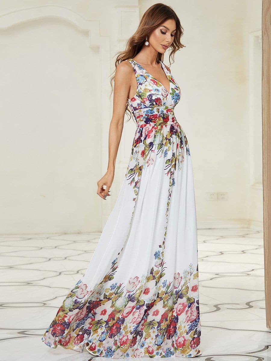 Elegant V Neck A Line Chiffon Maxi Bridesamid Dresses #color_Printed Cream