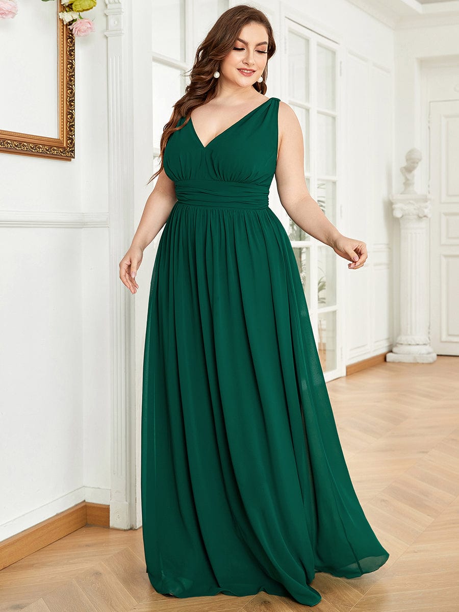 Elegant Sleeveless V-Neck Maxi Chiffon Bridesmaid Dress #color_Dark Green