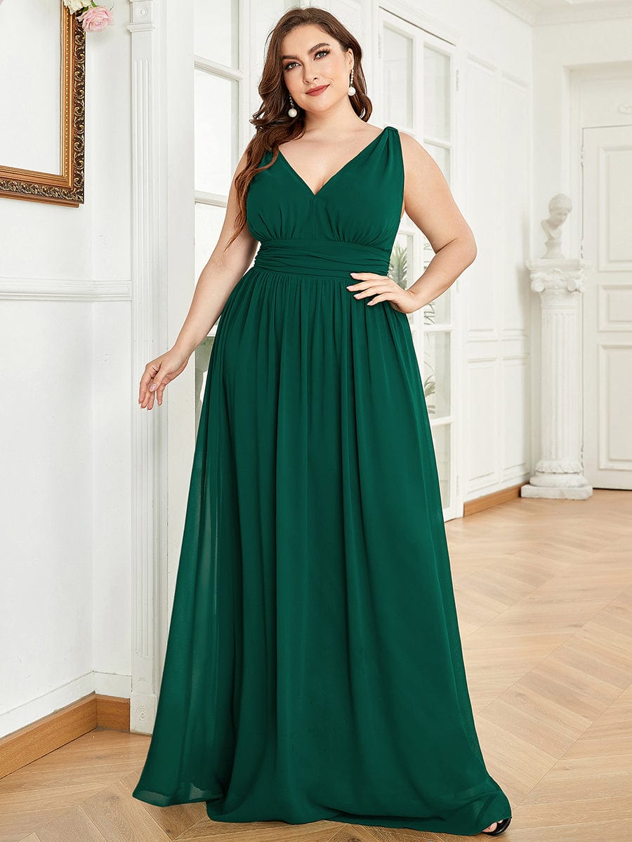 Plus Size Sleeveless V-Neck Chiffon Maxi Bridesmaid Dress #color_Dark Green