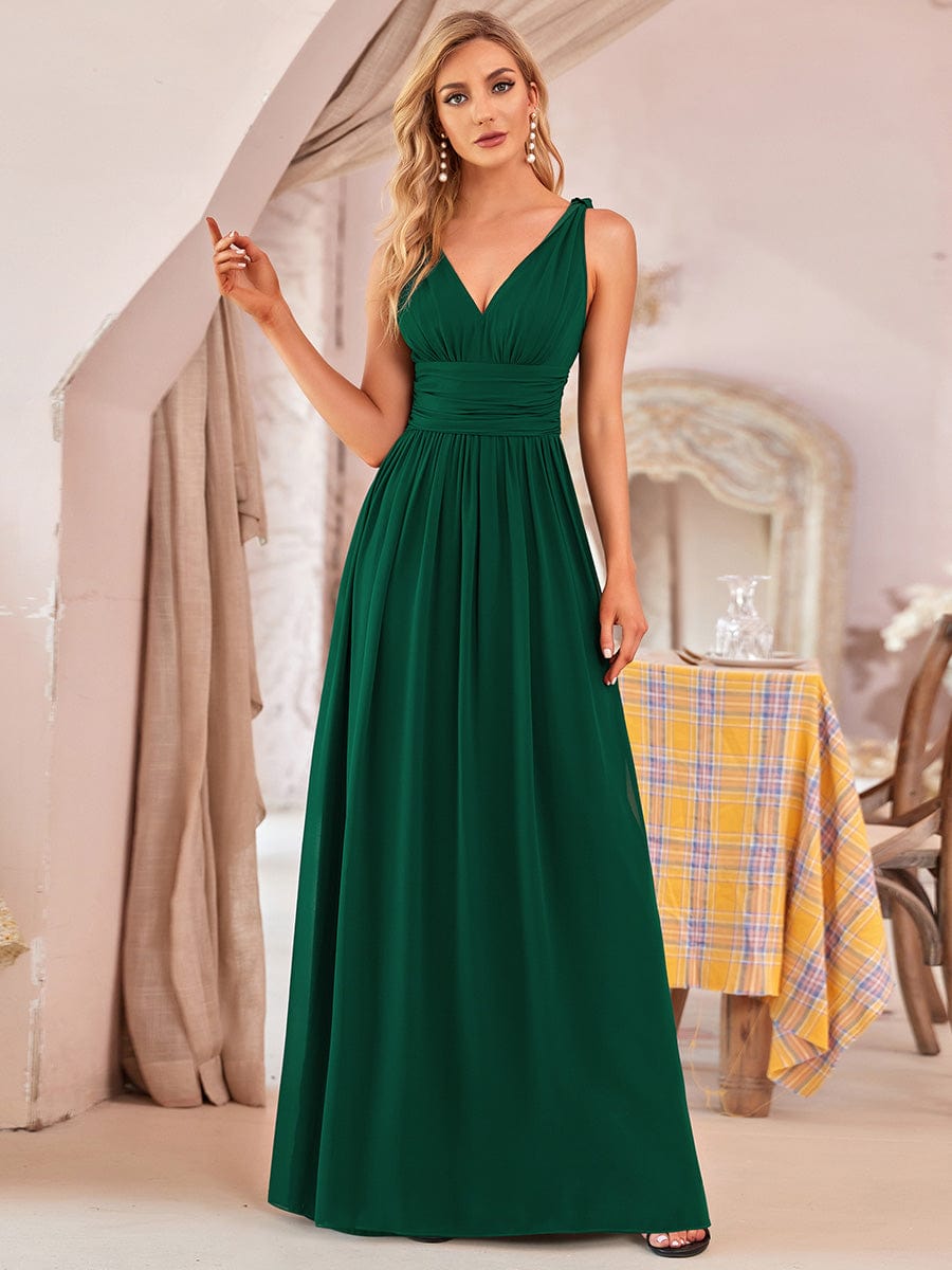 Custom Size V Neck Sleeveless Pleated Chiffon Evening Dress #color_Dark Green