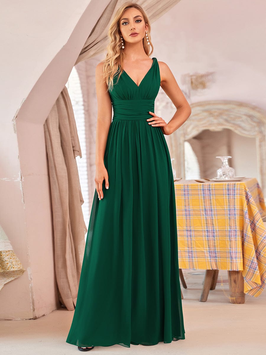 Custom Size V Neck Sleeveless Pleated Chiffon Evening Dress #color_Dark Green